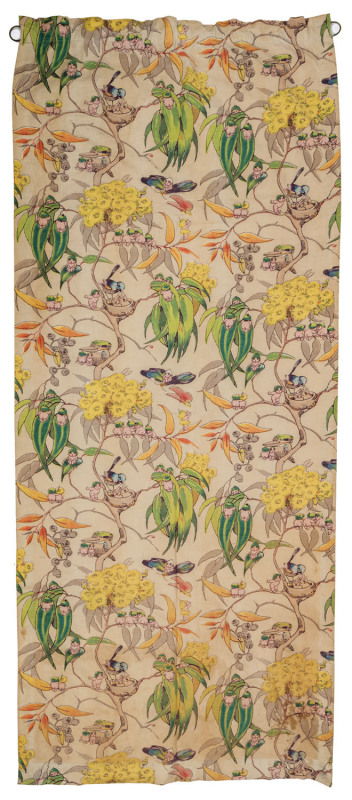 MAY GIBBS "Gumnut babies" curtain, circa 1920s, screenprinted on cotton, with original brass hanging rings,