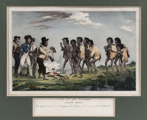 LOUIS AUGUSTE DE SAINSON (1801 - 1887) PORT DU ROI GEORGES. (Nouvelle - Hollande.), Un naturel montre a ses Compagnons les Cadeaux qu'elil a recus a bord de L'Astrolabe. (St George's Sound. New Holland - a native showing his companions the presents receiv