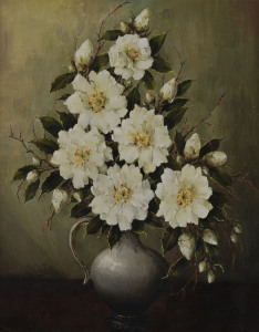 EVELYN BAXTER (1926-79), still life with camellia and jug, ​oil on canvas, signed lower left "Evelyn M. Baxter", 50 x 40cm