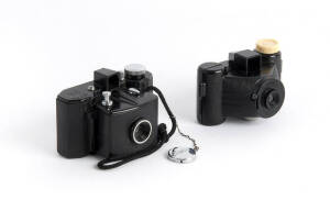 IKKO SHA (Japan): Start 35, c1950 bakelite eye-level camera for 24x24mm exposures on 35mm rollfilm. Unusually with original strap, chain and lenscap. Also, a Scenex by Earl. (2 cameras).