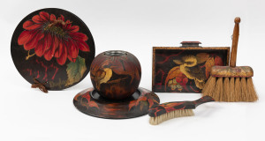 POKERWORK: kookaburra-design vase, crumb tray & brush, koala-design circular breadboard, plus a doyley press with a floral decoration and an extra wooden brush; early 20th century. (6 items)