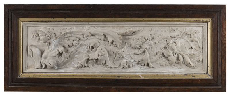 An Australian plaster relief frieze in oak frame with original gilt slip, ​33 x 83cm overall