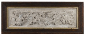 An Australian plaster relief frieze in oak frame with original gilt slip, 33 x 83cm overall