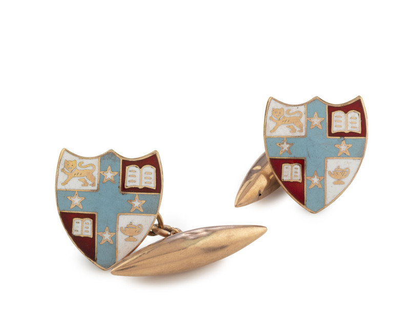 WILLIAM DRUMMOND & CO. "Wesley College" cufflinks, 9ct rose gold and enamel, early 20th century.