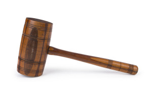 An early 20th century wooden display mallet featuring Australian timbers including cedar, blackwood and Kauri pine, 35cm long, 15cm wide