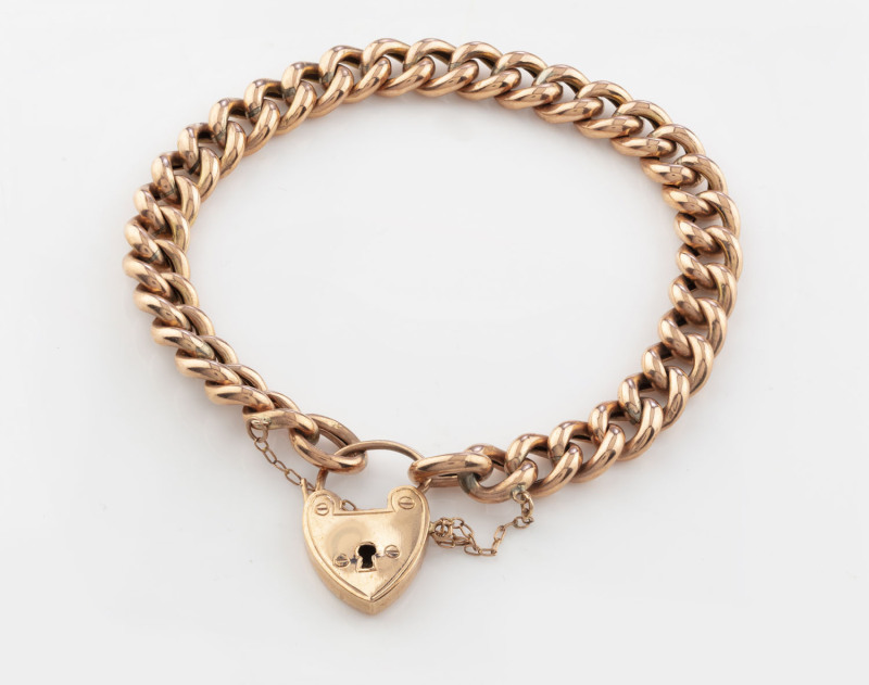 WILLIS & SONS 9ct rose gold curb link bracelet with heart lock, late 19th century,