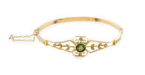 SIMONSEN of Melbourne antique 15ct gold bangle set with tourmaline and seed pearls, 19th century,