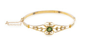 SIMONSEN of Melbourne antique 15ct gold bangle set with tourmaline and seed pearls, 19th century, 