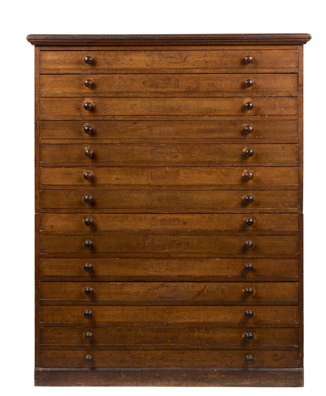 An Australian cedar architect's plan chest, two sectional with fourteen drawers, late 19th century, 147cm high, 120cm wide, 82cm deep