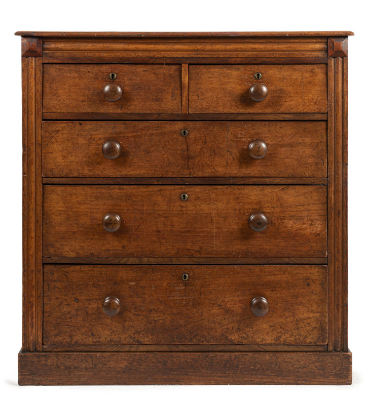 A Colonial Australian cedar chest of five drawers with unusual moulded decoration, circa 1850, 110cm high, 104cm wide, 52cm deep