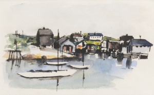 BRETT WHITELEY (1939 - 1992), Woodford Bay, Longueville, c.1953, ink & watercolours on paper, 10.5 x 16.5cm. Accompanied by presentation inscription verso, by Frannie Hopkirk (Whiteley's sister): "Brett Whiteley - circa 1953. Woodford Bay, Longueville. F