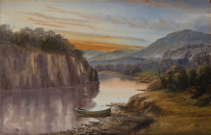 D. GEORGE BELL (Australia, working c.1920s), (Tasmanian river scene with boat), oil on board, signed lower right "D.G.B.", ​30 x 46cm