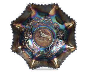 "MAGPIE" amethyst carnival glass master bowl by Crown Crystal, 9cm high, 25cm wide