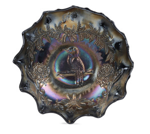 "KOOKABURRA" amethyst carnival glass master bowl by Crown Crystal, 7cm high, 24cm wide