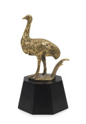 A vintage emu car mascot, cast brass on later ebonized plinth, circa 1930, 20cm high