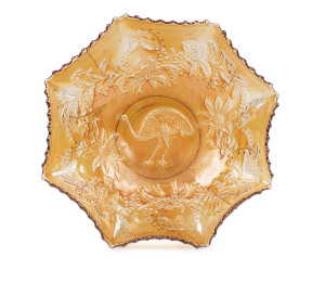 "EMU" marigold carnival glass master bowl by Crown Crystal, 8cm high, 25cm wide