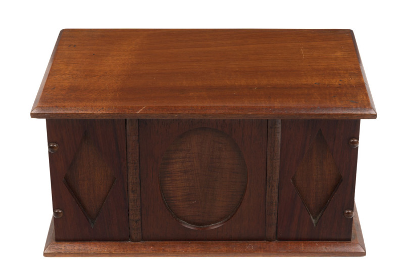 An Australian blackwood box with fiddleback panels, Tasmanian origin, circa 1900, ​18cm high33cm wide, 18cm deep