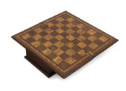 An Australian games box with cribbage top and fold-over chess board, silky oak, cedar, Queensland walnut and pollard oak, 19th century, with accompanying draughts pieces and three carved whale bone dice, ​8.5cm high, 31cm wide, 15.5cm deep - 2