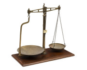 Antique gold scales, brass and cedar, engraved "CLASS B. to weigh 2lb", 19th century, 48cm high, 51cm wide, 25cm deep