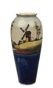 REG HAWKINS (attributed) PREMIER POTTERY PRESTON rare exhibition quality pottery vase with hand-painted windmill landscape scene and rare blue glazed ground, circular factory mark stamped "PPP", an imposing 40.5cm high