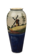 REG HAWKINS (attributed) PREMIER POTTERY PRESTON rare exhibition quality pottery vase with hand-painted windmill landscape scene and rare blue glazed ground, circular factory mark stamped "PPP", ​an imposing 40.5cm high
