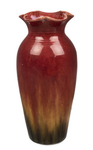 VICTORIA ART POTTERY (V.A.P.) tall red and yellow glazed vase by William Ferry, late 19th century, stamped "VICTORIA ART POTTERY, W.F.", 26.5cm high