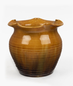 VICTORIA ART POTTERY (V.A.P.) yellow glazed vase by William Ferry, late 19th century, stamped "VICTORIA ART POTTERY, W.F.", 14cm high, 14cm wide