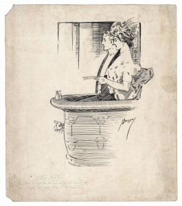 PERCY BENISON (1881 - 1972), original artwork (pen & ink) for a cartoon, on thick artists card, signed at lower right, circa 1910, 28.5 x 24.5cm. Text in pencil below the image: "One Thing at a Time" She: "What an awful play; it's a wonder they don't his