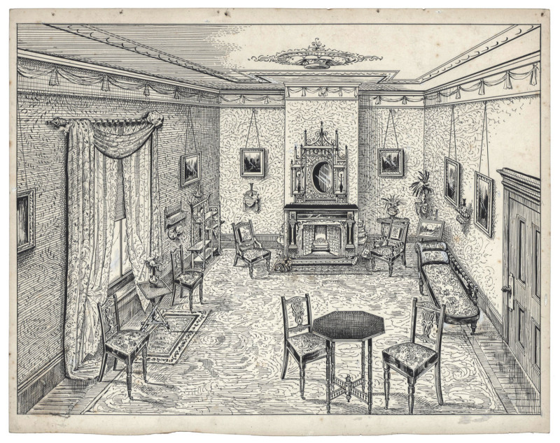 TYE & CO. MELBOURNE FURNITURE MANUFACTURERS & RETAILERS: Original pen & ink artwork (by Edwin W. Slater) for six full-page illustrations of fully furnished rooms, as prepared for inclusion in a catalogue of their wares, circa 1900. Each illustration is a