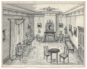 TYE & CO. MELBOURNE FURNITURE MANUFACTURERS & RETAILERS: Original pen & ink artwork (by Edwin W. Slater) for six full-page illustrations of fully furnished rooms, as prepared for inclusion in a catalogue of their wares, circa 1900. Each illustration is a meticulous representation of an individual room, with furniture, artworks, accessories, curtains and decorations shown in superb detail. Each 25 x 31.5cm. (6 items). Also, a similar piece signed by R. Emery Poole (20.5 x 28cm)