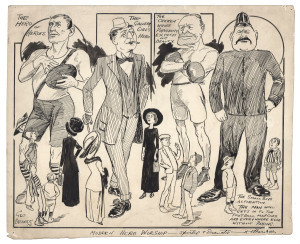 GEORGE BRANDT, The Hero of Heroes - Modern Hero Worship - Sporting & Dramatic & otherwise, pen & ink on artists card, signed and dated 1911 at lower left, 27 x 33.5cm. Brandt's punchline "The small boy's aspiration. The man who gets into the football mat