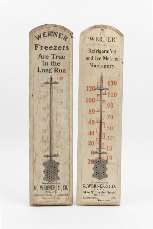Two advertising wall thermometers branded "WERNER, MADE IN AUSTRALIA. Refrigerating and Ice Making Machinery", early 20th century, ​54cm high