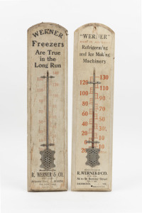 Two advertising wall thermometers branded "WERNER, MADE IN AUSTRALIA. Refrigerating and Ice Making Machinery", early 20th century, 54cm high
