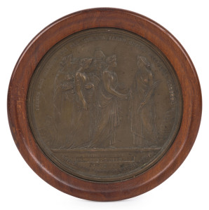 INTERCOLONIAL EXHIBITION VICTORIA 1866-7: bronze plaque (22cm) designed by Charles Summers & produced by W. Calvert; awarded to J.T. SMITH and held in the original round cedar frame for display. Overall 27cm diameter.