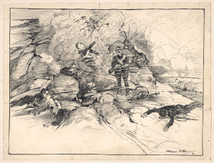 HAROLD (Hal) FREDERICK NEVILLE GYE (1888 - 1967) (Death on the battlefield), pen & ink on card, circa 1917, signed "HAL GYE" lower right,