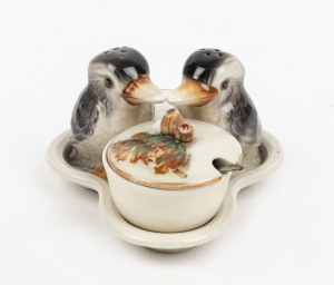 A kookaburra Japanese porcelain condiment set, circa 1930", stamped "Japan", 13cm wide
