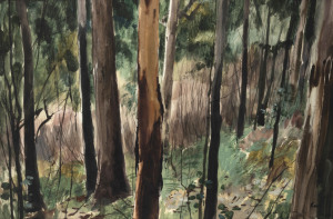 CHARLES WILLIAM BUSH (1919 - 1989), The Golden Trunk, watercolour, signed lower right, further endorsed "To Norman Banks from June, Phyl and Charles [Bush] 1963", 36 x 55cm.