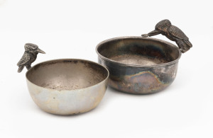 Two silver plated kookaburra sugar bowls, early 20th century, the larger 13cm wide