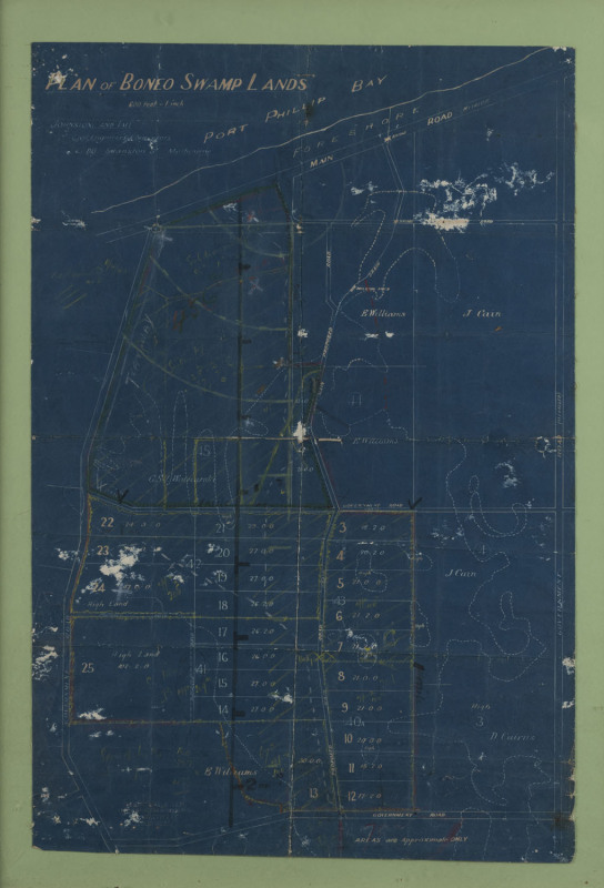 "PLAN OF BONEO SWAMP LANDS" by Johnstone & Tait, Melbourne, showing landowners, proposed roads and drains; marked-up in crayon.