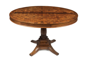 A rare Colonial oval supper table with checkerboard parquetry top, blackwood, cedar and huon pine. Launceston, Tasmanian origin, circa 1860, 73cm high, 118cm wide, 80cm deep