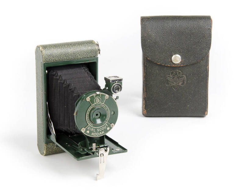 KODAK: Girl Scout Kodak Camera, 1929-34, vest pocket camera for 127 film. Bright green and with matching case.