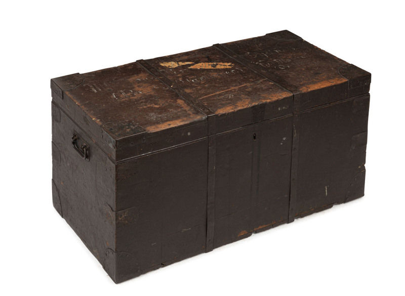 An antique timber travelling trunk with iron strapping and handles, 19th century, with Sydney destination painted top, ​47cm high, 96cm wide, 47cm deep