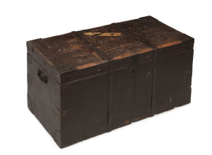 An antique timber travelling trunk with iron strapping and handles, 19th century, with Sydney destination painted top, 47cm high, 96cm wide, 47cm deep