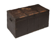 An antique timber travelling trunk with iron strapping and handles, 19th century, with Sydney destination painted top, ​47cm high, 96cm wide, 47cm deep