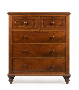 An Australian cedar chest of five drawers, South Australian origin, 19th century, 136cm high, 118cm wide, 52cm deep