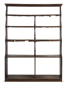 Rare Colonial waterfall front bookshelves, Australian cedar with remains of leather dust strips, New South Wales origin, circa 1850, 201cm high, 147cm wide, 37.5cm deep 