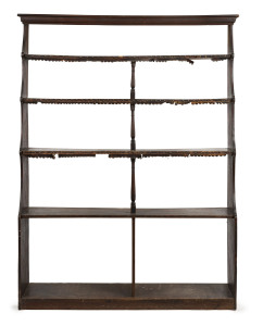 Rare Colonial waterfall front bookshelves, Australian cedar with remains of leather dust strips, New South Wales origin, circa 1850, 201cm high, 147cm wide, 37.5cm deep