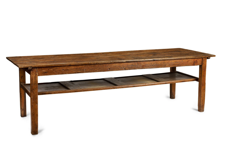 An antique farmhouse bakers table, Baltic pine with red pine shelf, Barossa Valley, South Australian origin, circa 1865, 77cm high, 260cm wide, 83cm deep