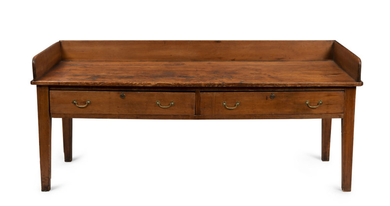 An antique scullery table with two drawers and gallery top, Baltic pine, South Australian origin, 19th century,