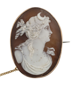 An antique cameo brooch in 9ct Australian rose gold mount, late 19th early 20th century, stamped "9" flanked by kangaroo and emu marks, later safety chain, 4cm high